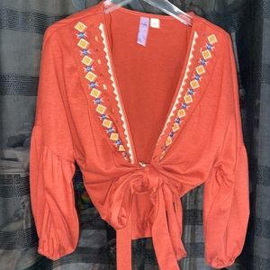 Embroidered Wrap Top
